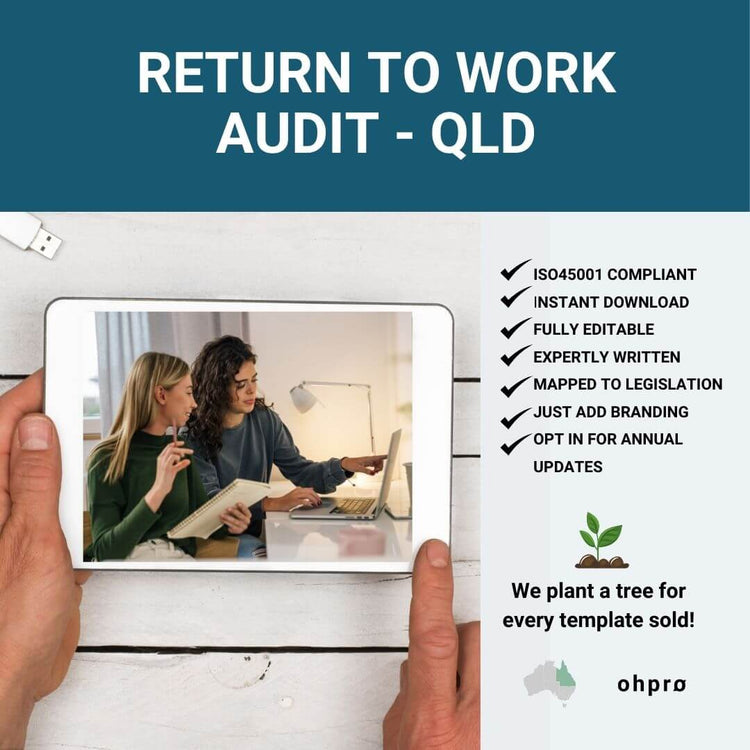 Two women auditing rehabilitation and return to work processes using an Ohpro audit template at their desk.