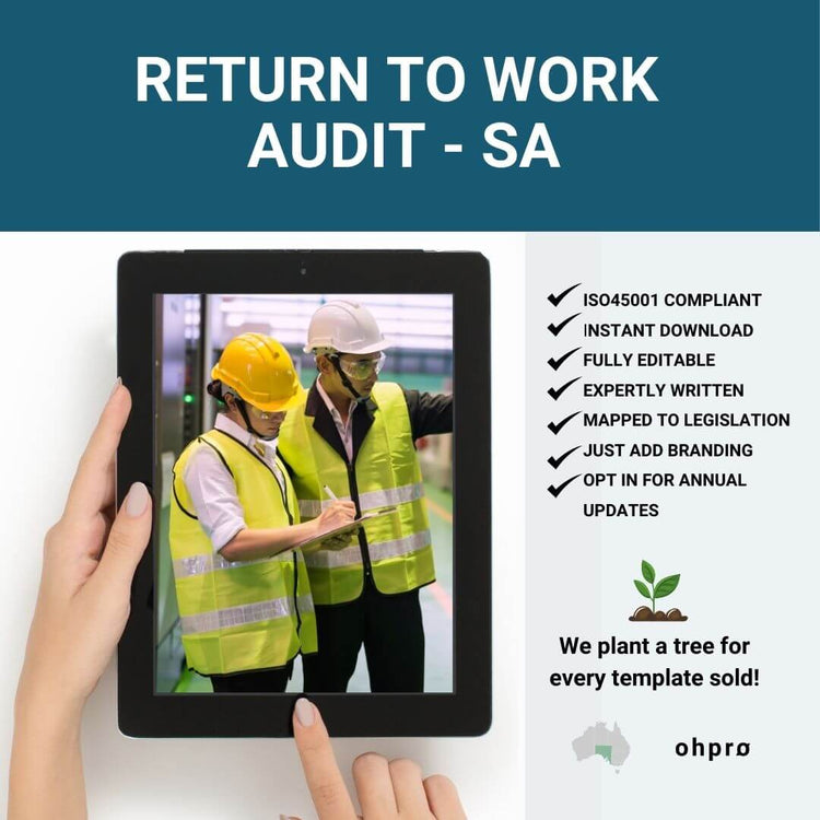 Two people on a warehouse floor auditing rehabilitation and return to work processes using an Ohpro audit template.