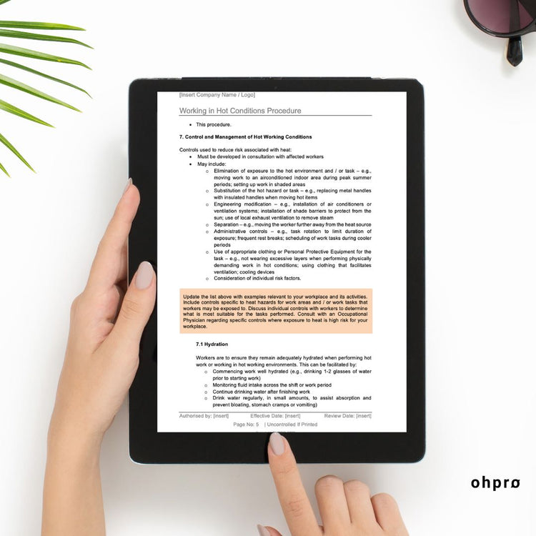 Example of a working in hot conditions procedure template. Download your copy today.